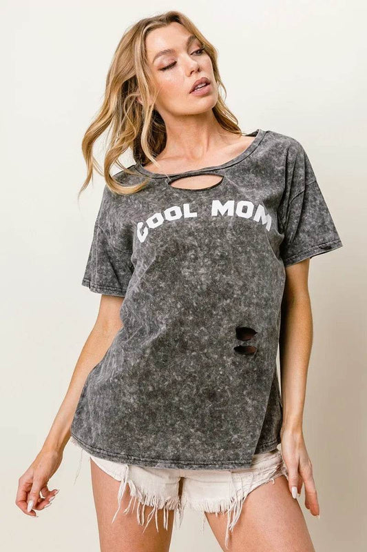BiBi Washed Laser Cut Detail Cool Mom Print Top - Shop Style & More | Fresh Looks, Everyday Deals & Free Shipping