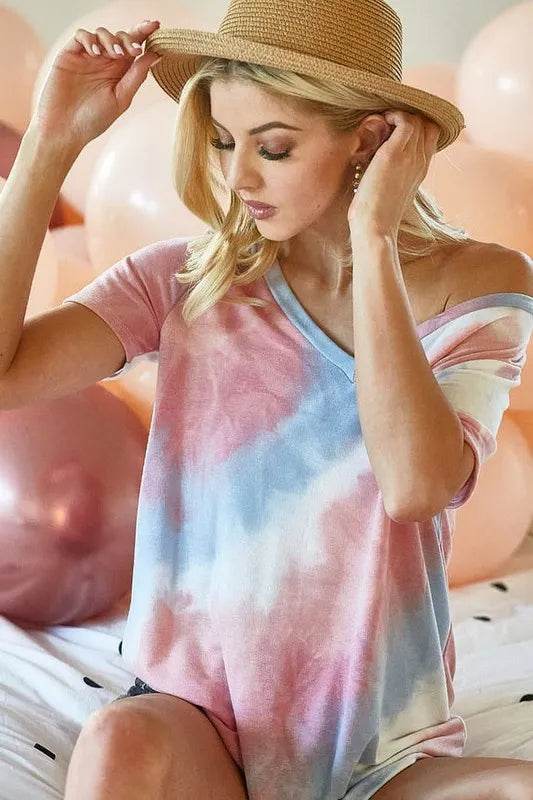 BiBi Tie Dye French Terry V Neck Top - Shop Style & More | Fresh Looks, Everyday Deals & Free Shipping