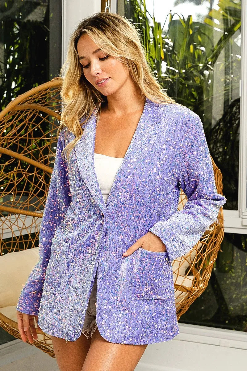 BiBi Velvet Sequins Patch Pockets Single Blazer LILAC Women's Outerwear