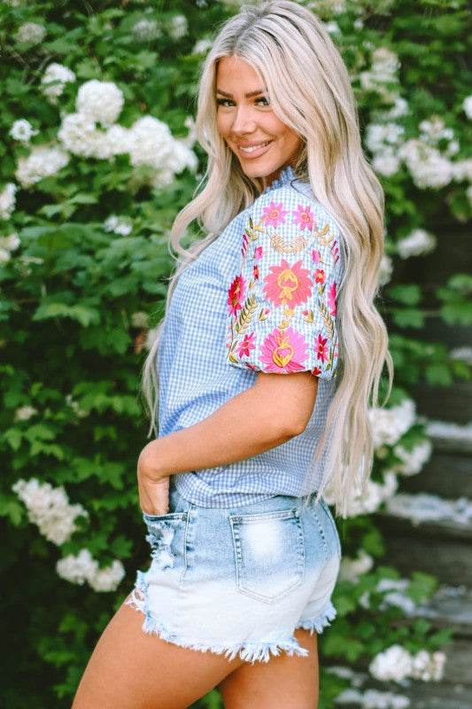 Pearl Gingham Floral Embroidered Puff Sleeve Blous - Shop Style & More | Fresh Looks, Everyday Deals & Free Shipping