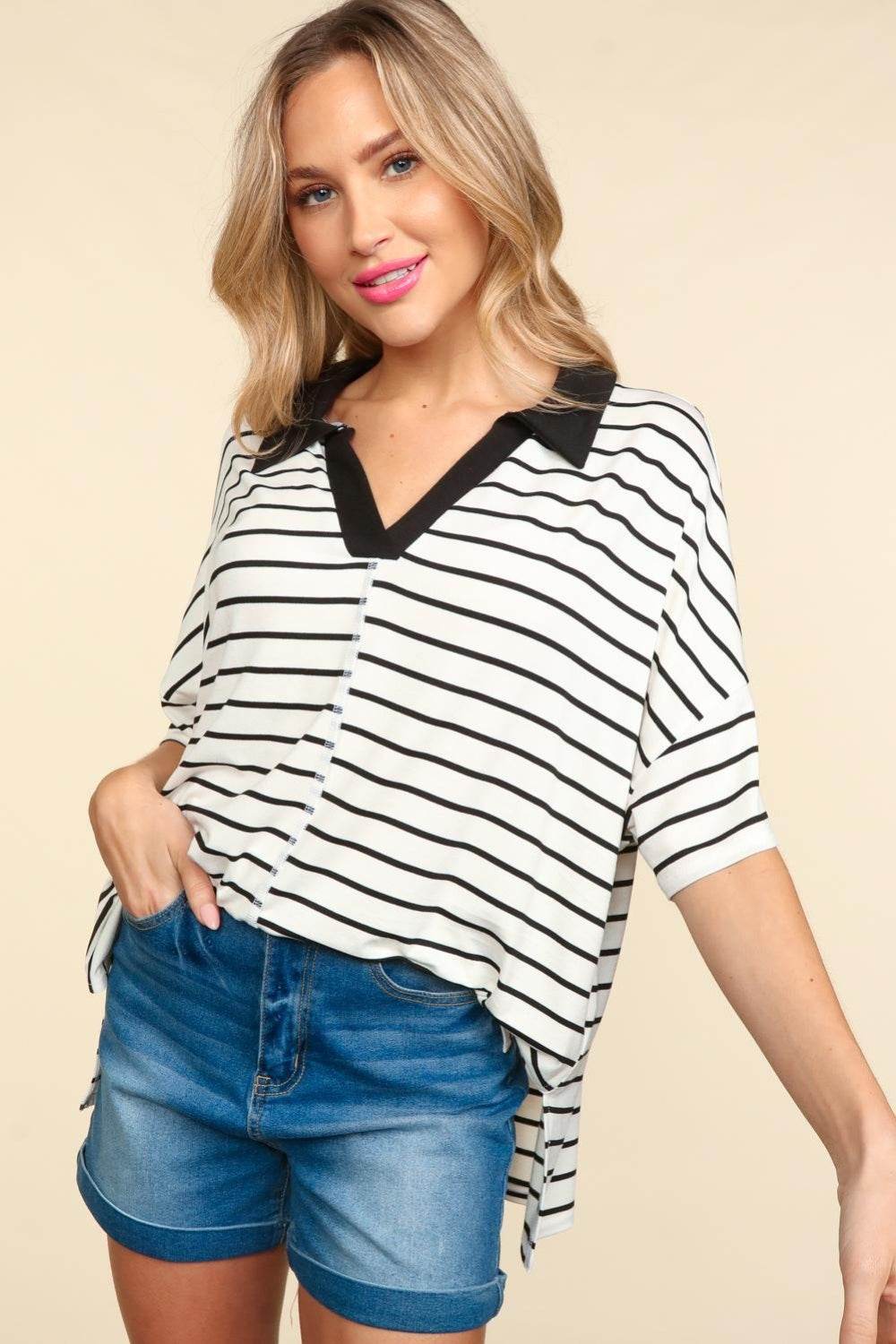 Haptics Full Size Striped Dropped Shoulder Half Sleeve T-Shirt - Shop Style & More | Fresh Looks, Everyday Deals & Free Shipping