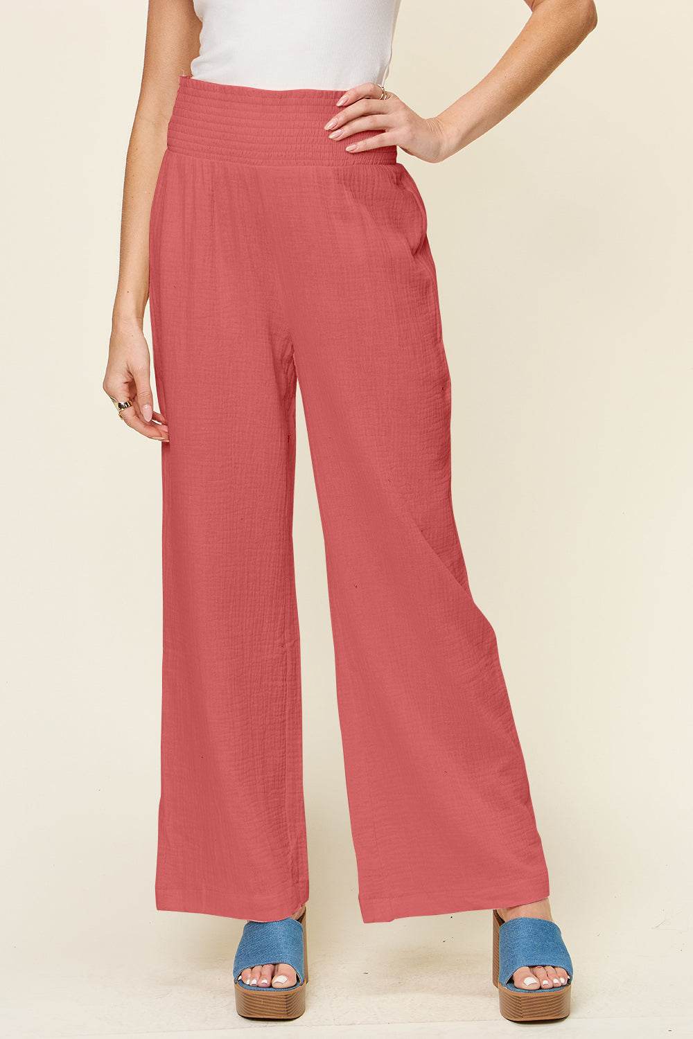 Double Take Full Size Texture Smocked Waist Wide Leg Pants - Shop Style & More | Fresh Looks, Everyday Deals & Free Shipping
