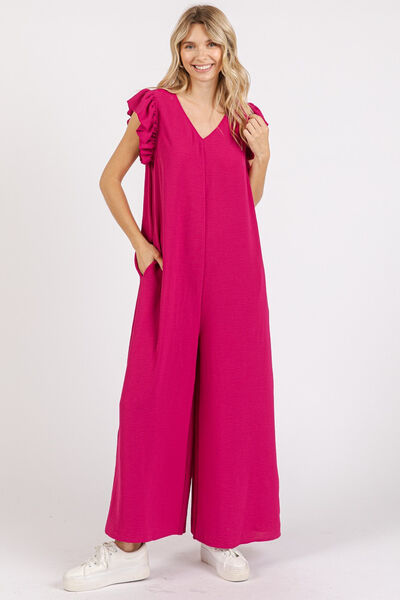 Mittoshop V-Neck Ruffled Cap Sleeve Jumpsuit - Wide Leg Design Deep Rose Jumpsuits