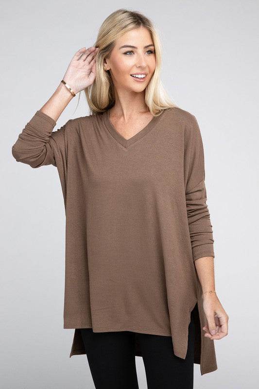 Dolman Long Sleeve V-Neck Side Slit Hi-Low Hem Top - Shop Style & More | Fresh Looks, Everyday Deals & Free Shipping
