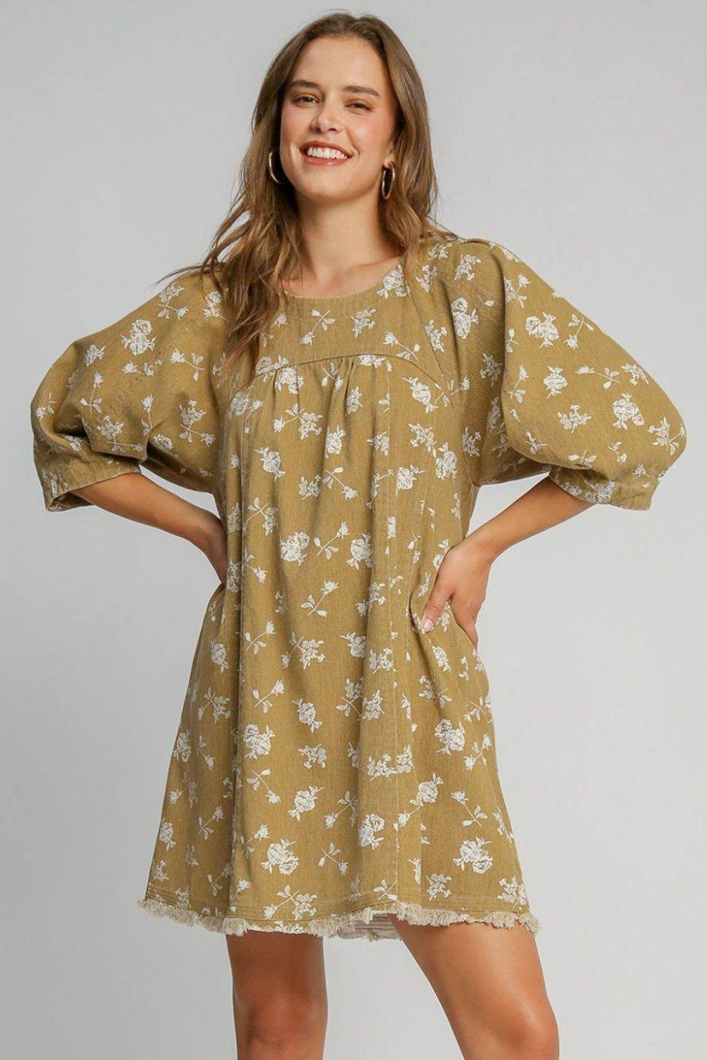 Umgee Raw Hem Floral Print Round Neck Denim Dress - Shop Style & More | Fresh Looks, Everyday Deals & Free Shipping