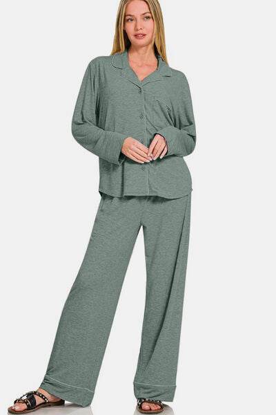 Zenana Button Down Long Sleeve Top and Pants Lounge Set - Shop Style & More | Fresh Looks, Everyday Deals & Free Shipping