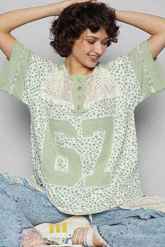 POL Number Floral Crochet Button Detail Half Sleeve Top - Shop Style & More | Fresh Looks, Everyday Deals & Free Shipping