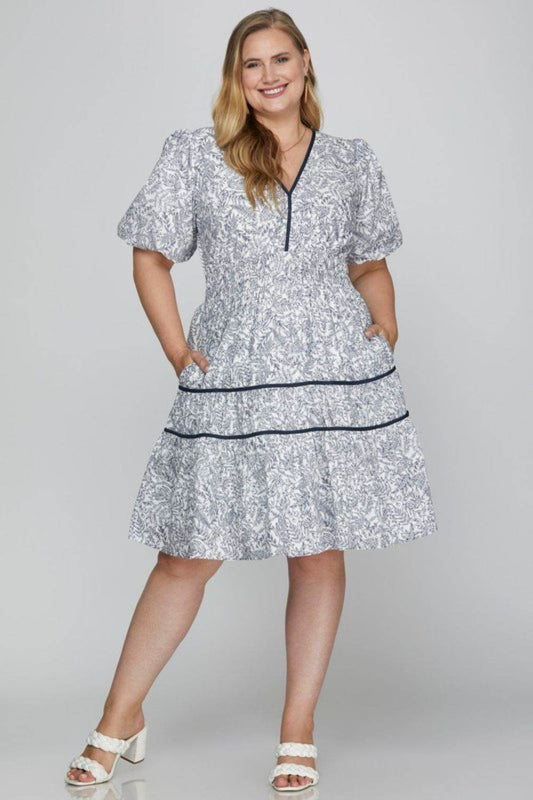 She + Sky Full Size Printed V-Neck Puff Sleeve Tiered Dress Plus Size - Shop Style & More | Fresh Looks, Everyday Deals & Free Shipping