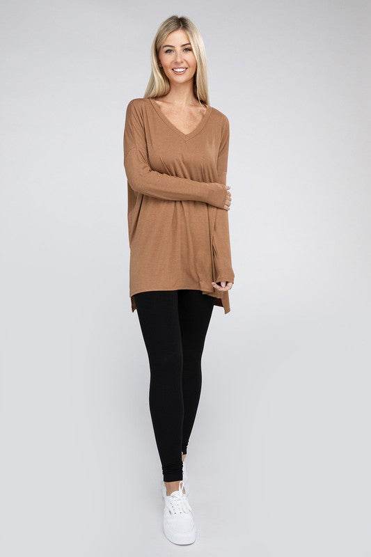 Dolman Long Sleeve V-Neck Side Slit Hi-Low Hem Top - Shop Style & More | Fresh Looks, Everyday Deals & Free Shipping