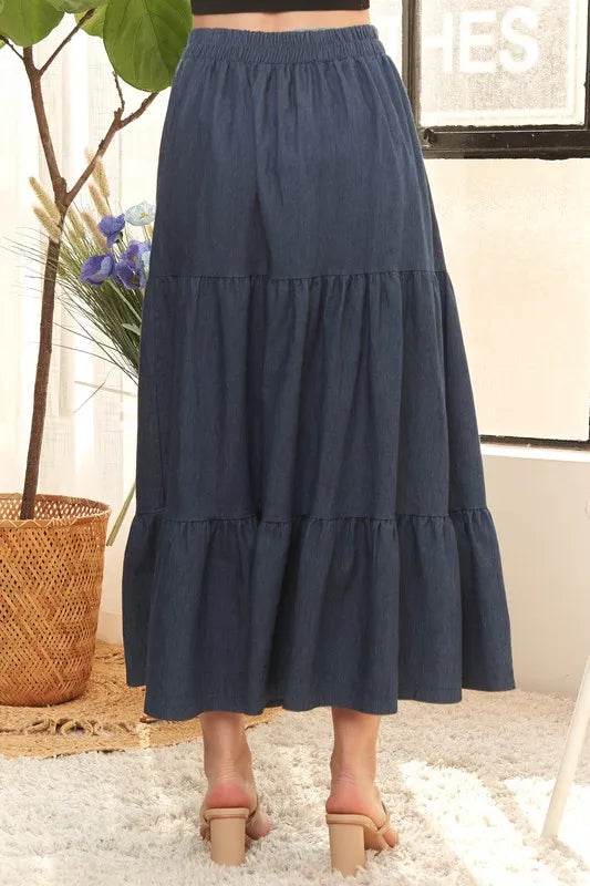 ADORA Waist Band Tiered Denim Maxi Skirt - Shop Style & More | Fresh Looks, Everyday Deals & Free Shipping