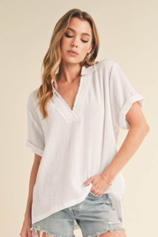 Aemi + Co Side Slit Johnny Collar Short Sleeve Cotton Gauze Blouse - Shop Style & More | Fresh Looks, Everyday Deals & Free Shipping