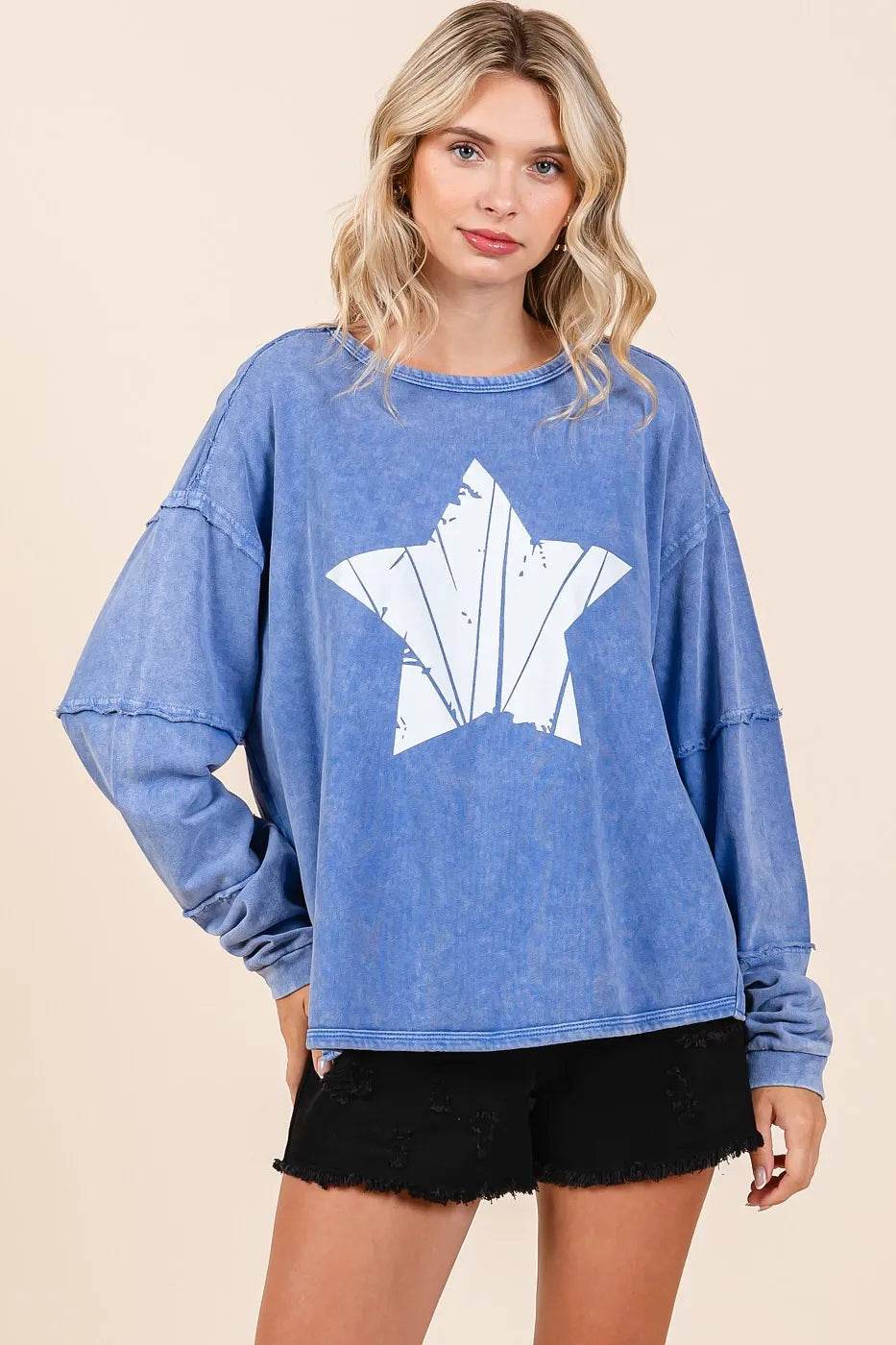 Mittoshop Star Graphic Mineral Wash Long Sleeve Top - Shop Style & More | Fresh Looks, Everyday Deals & Free Shipping