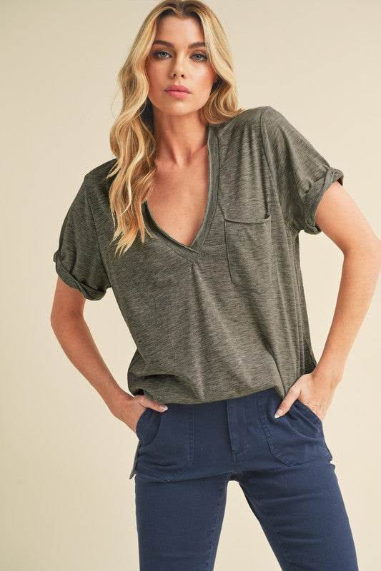 Aemi + Co Side Slit V-Neck Short Rolled Sleeve T-Shirt - Shop Style & More | Fresh Looks, Everyday Deals & Free Shipping