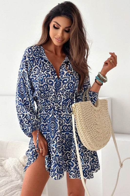Women Print Lace up V Neck Long Sleeve Mini Dress - Shop Style & More | Fresh Looks, Everyday Deals & Free Shipping