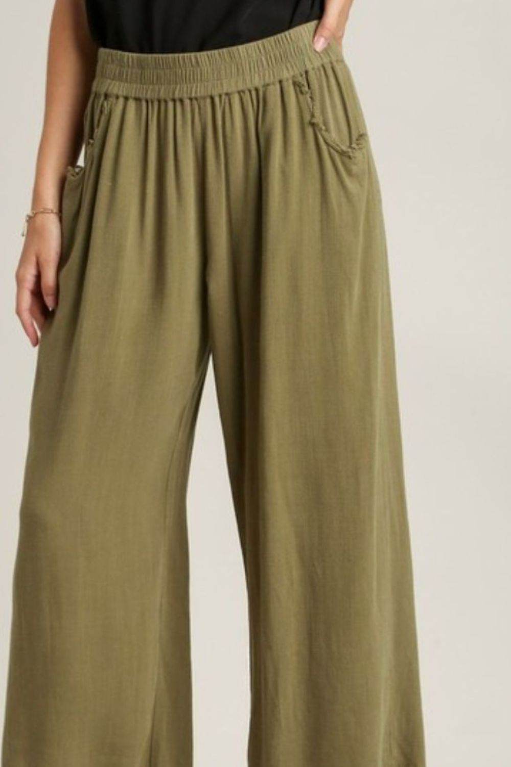 Umgee Full Size Linen Blend Elastic Waistband Wide Leg Pants Plus Size - Shop Style & More | Fresh Looks, Everyday Deals & Free Shipping