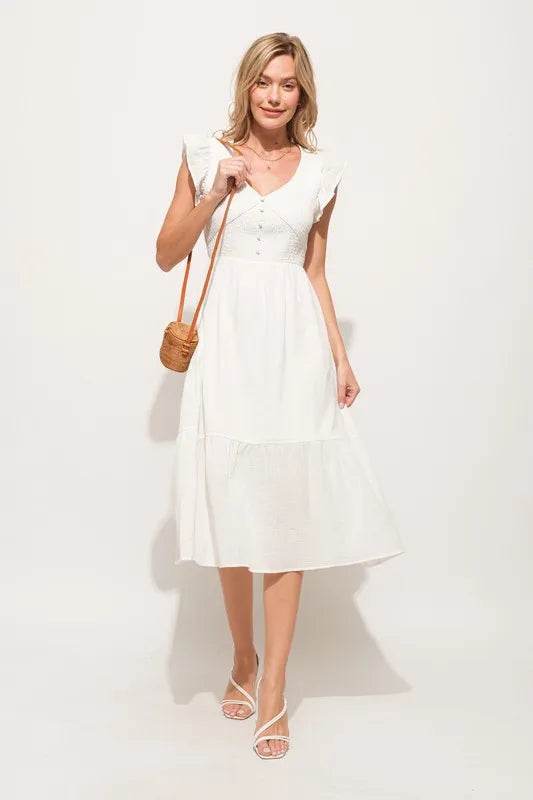 And The Why Ruffle Sleeve Front Smocked Tiered Midi Dress - Shop Style & More | Fresh Looks, Everyday Deals & Free Shipping