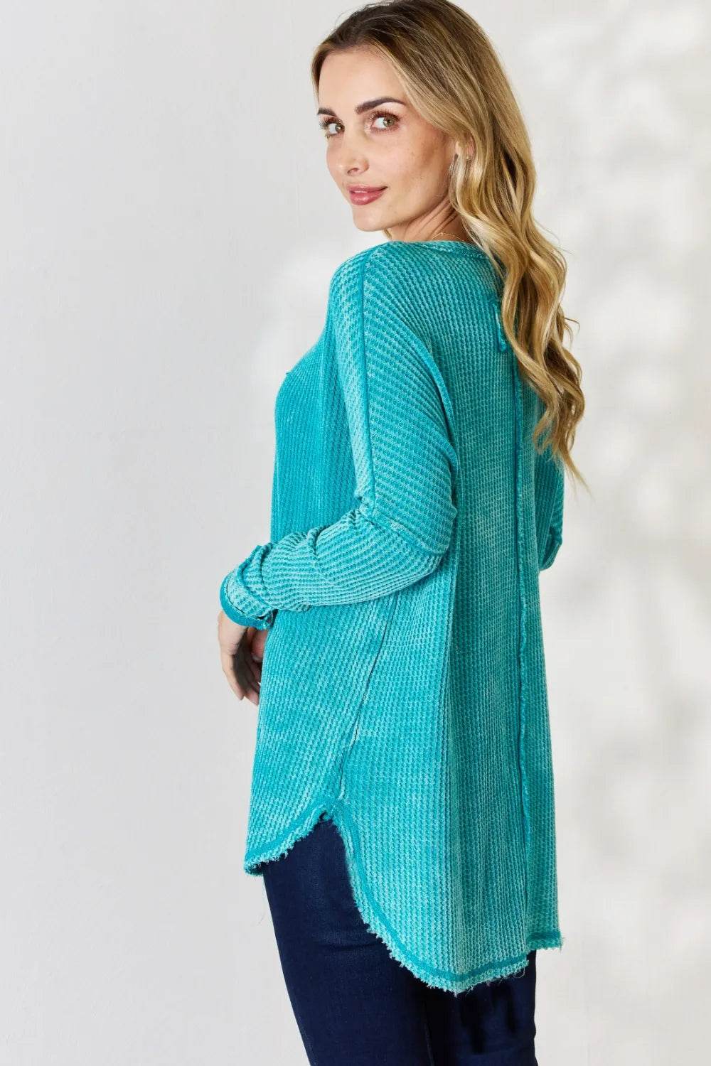 Zenana Oversized Washed Waffle Long Sleeve Top - Shop Style & More | Fresh Looks, Everyday Deals & Free Shipping