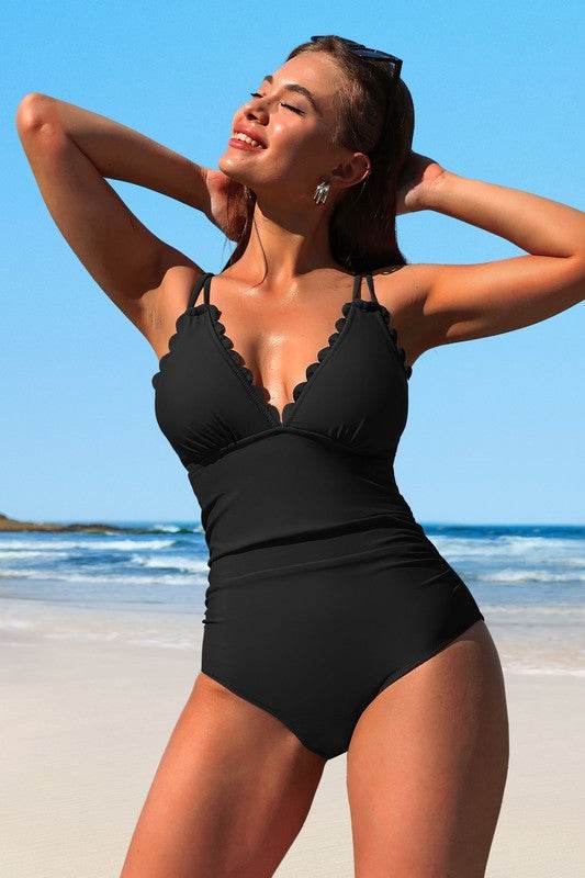 Scalloped V Neck Cut Out Monokini Swimwear - Shop Style & More | Fresh Looks, Everyday Deals & Free Shipping