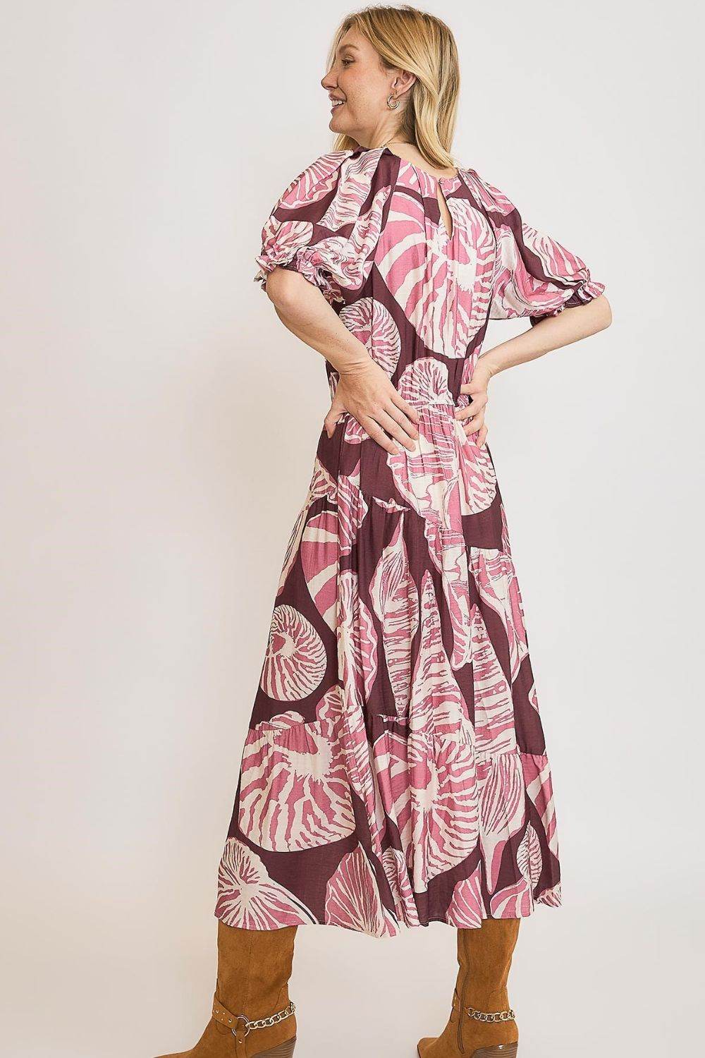 Umgee Full Size Printed Notched Puff Sleeve Midi Dress Plus Size - Shop Style & More | Fresh Looks, Everyday Deals & Free Shipping