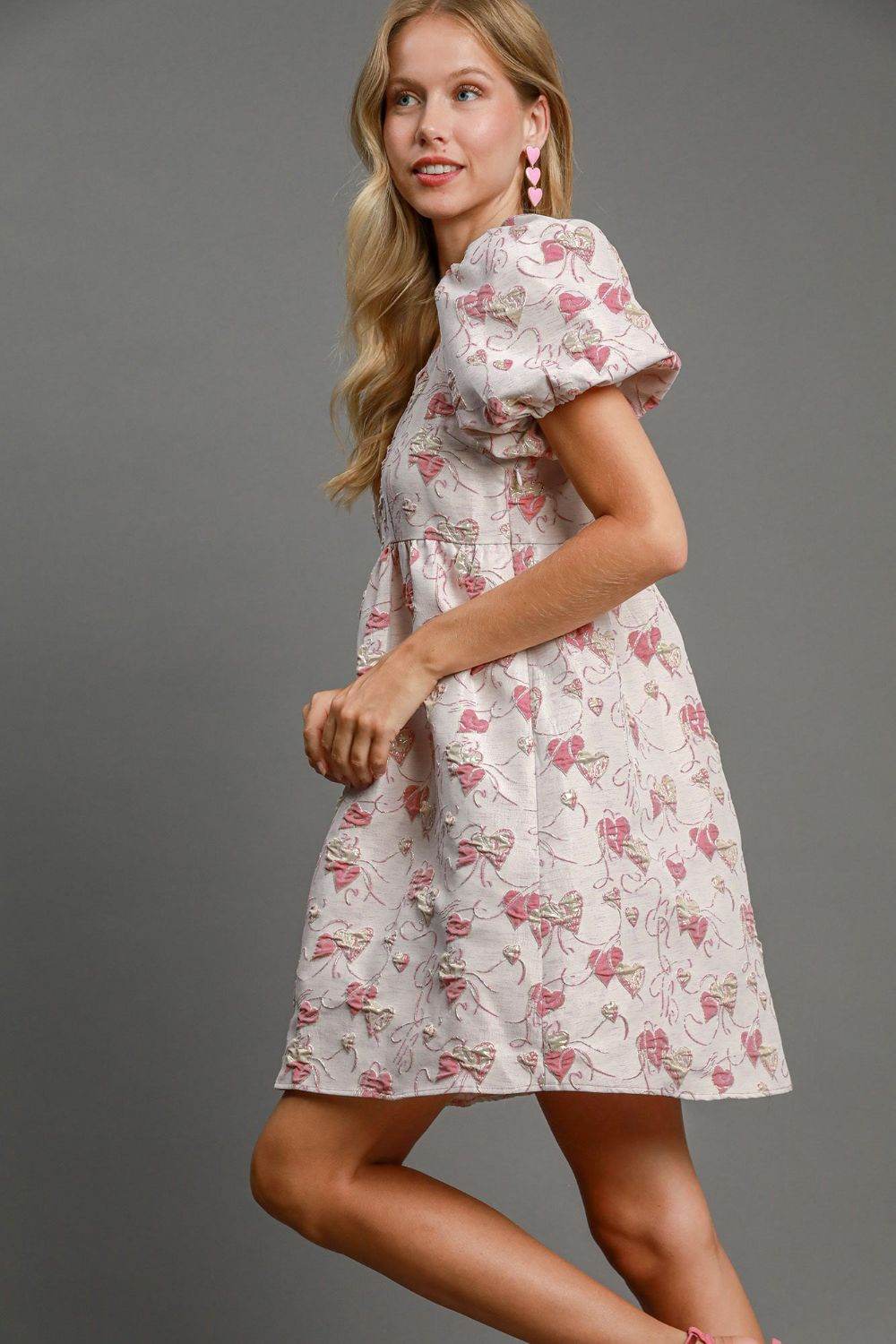 Umgee Heart Jacquard Square Neck Puff Sleeve Mini Dress - Shop Style & More | Fresh Looks, Everyday Deals & Free Shipping