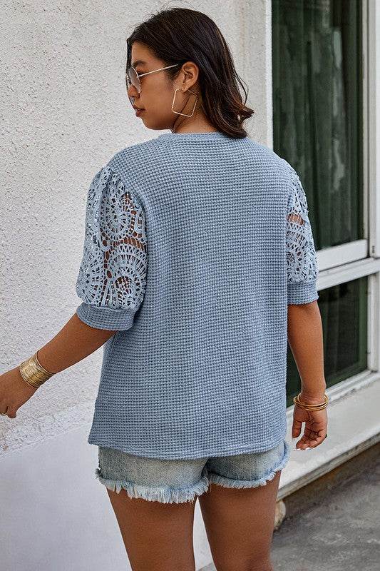 Plus Size Knit Color Block Lace Solid Fit Shirt - Shop Style & More | Fresh Looks, Everyday Deals & Free Shipping