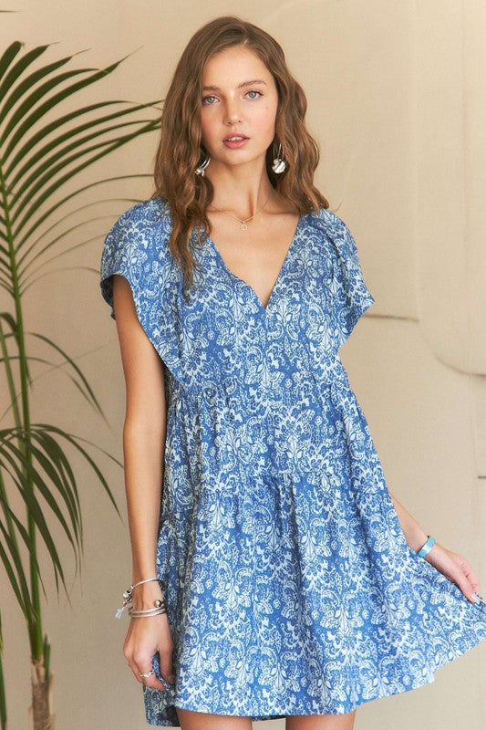 ADORA Printed V-Neck Ruffle Sleeve Mini Dress Dresses - Casual Dresses