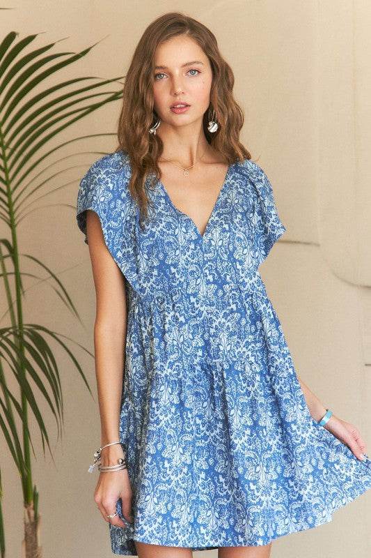 ADORA Printed V-Neck Ruffle Sleeve Mini Dress - Shop Style & More | Fresh Looks, Everyday Deals & Free Shipping