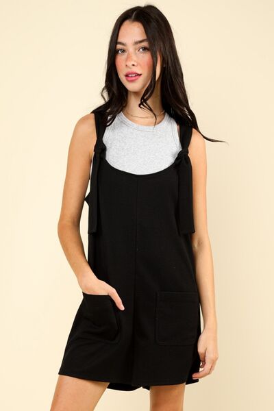 VERY J Tie Shoulder Front Pocket Romper Black Jumpsuits