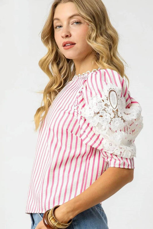 Umgee Striped Lace Puff Sleeve Blouse - Shop Style & More | Fresh Looks, Everyday Deals & Free Shipping