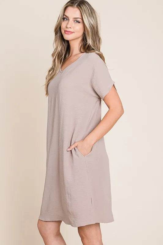 BOMBOM V-Neck Short Sleeve Dress with Pockets - Shop Style & More | Fresh Looks, Everyday Deals & Free Shipping