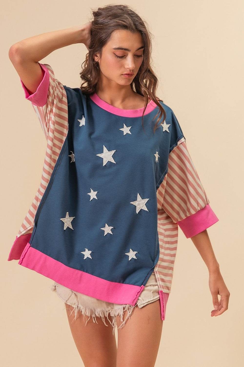 BiBi US Flag Theme Color Block Star Patch T-Shirt - Shop Style & More | Fresh Looks, Everyday Deals & Free Shipping