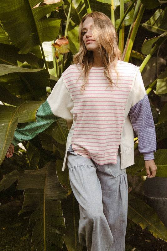BiBi Exposed Seam Slit Striped Round Neck T-Shirt - Shop Style & More | Fresh Looks, Everyday Deals & Free Shipping