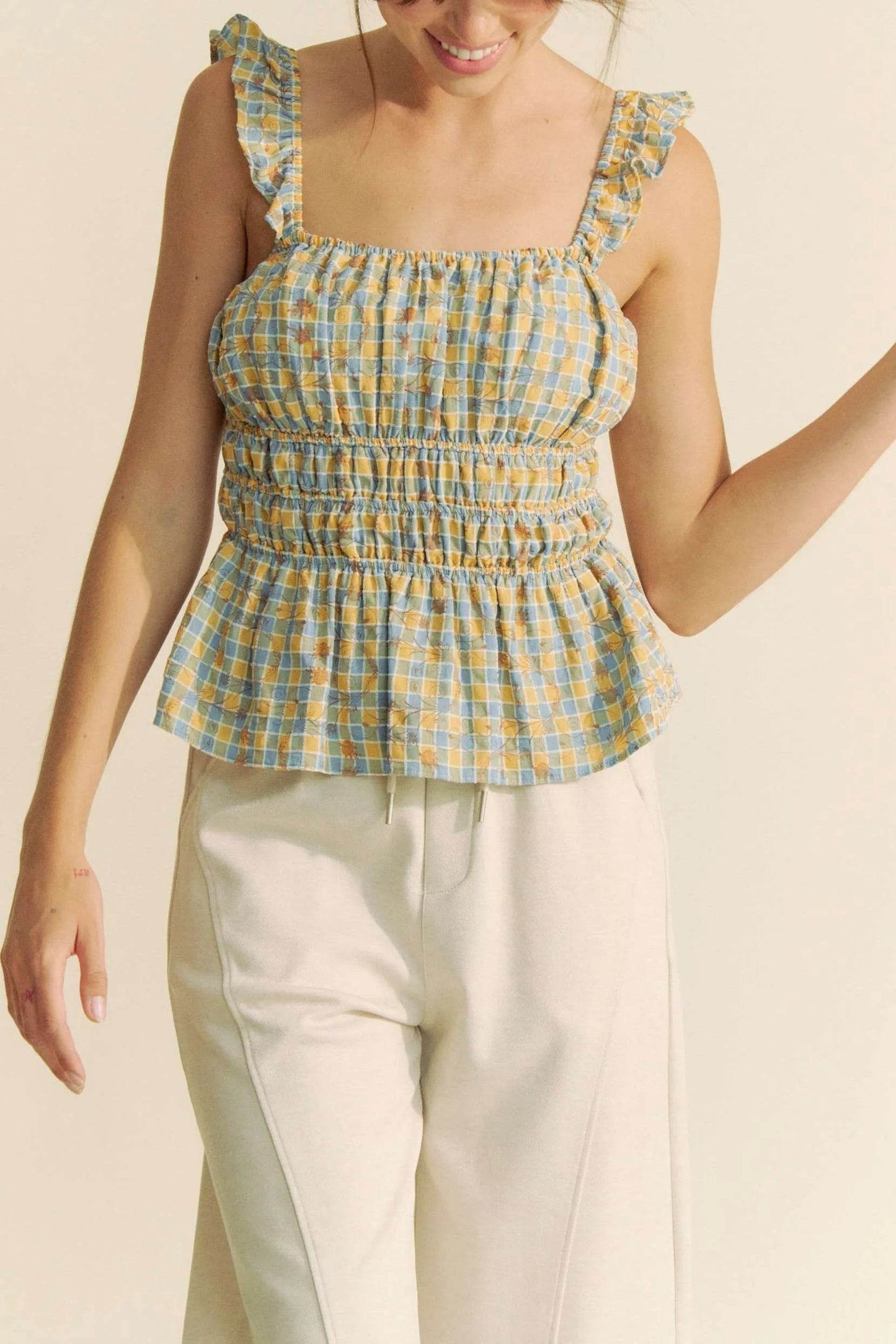 Davi & Dani Plaid Ruffled Strap Smocked Sleeveless Top - Shop Style & More | Fresh Looks, Everyday Deals & Free Shipping