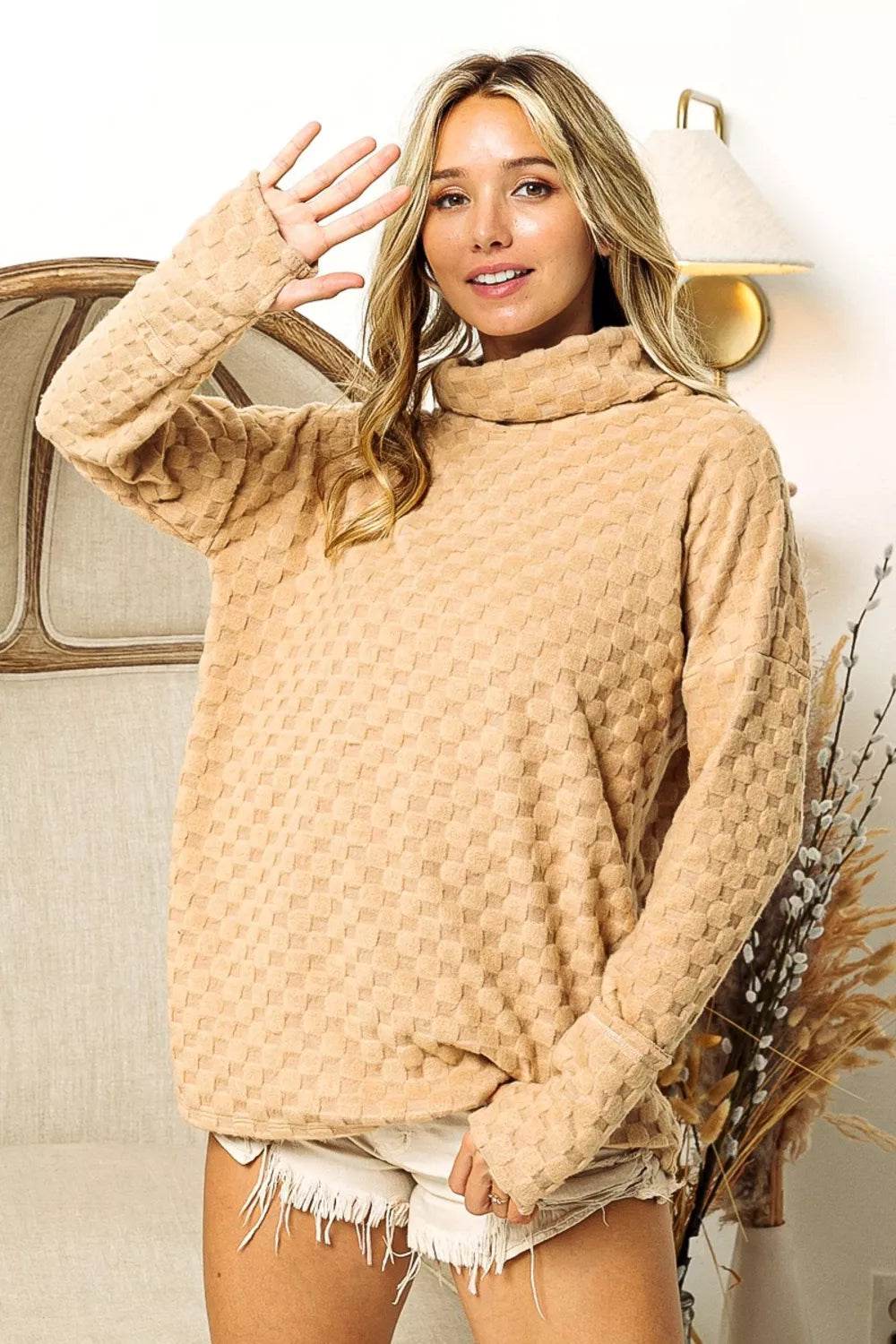 BiBi Checkered Round Neck Thumbhole Long Sleeve Top - Shop Style & More | Fresh Looks, Everyday Deals & Free Shipping