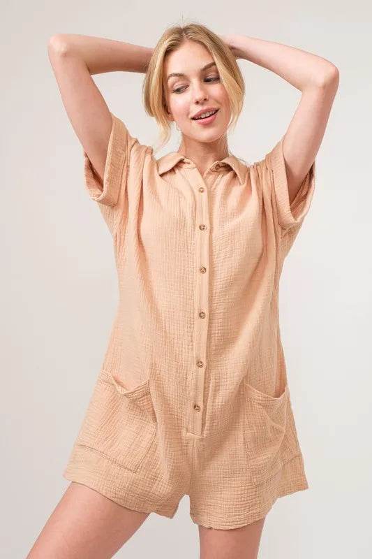 And The Why Washed Gauze Roll-up Sleeve Comfort Utility Romper - Shop Style & More | Fresh Looks, Everyday Deals & Free Shipping
