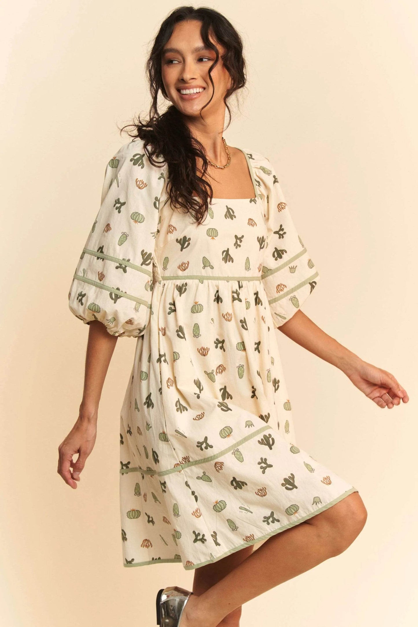 Davi & Dani Cactus Printed Poplin Contrast Piping Mini Dress - Shop Style & More | Fresh Looks, Everyday Deals & Free Shipping
