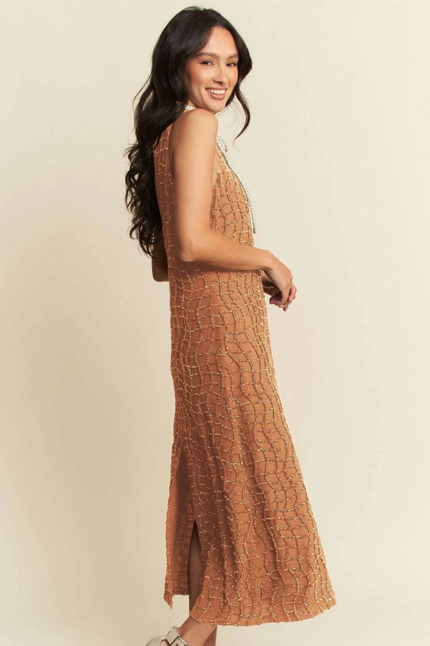 Davi & Dani Golden Textured Zippered Midi Dress - Shop Style & More | Fresh Looks, Everyday Deals & Free Shipping
