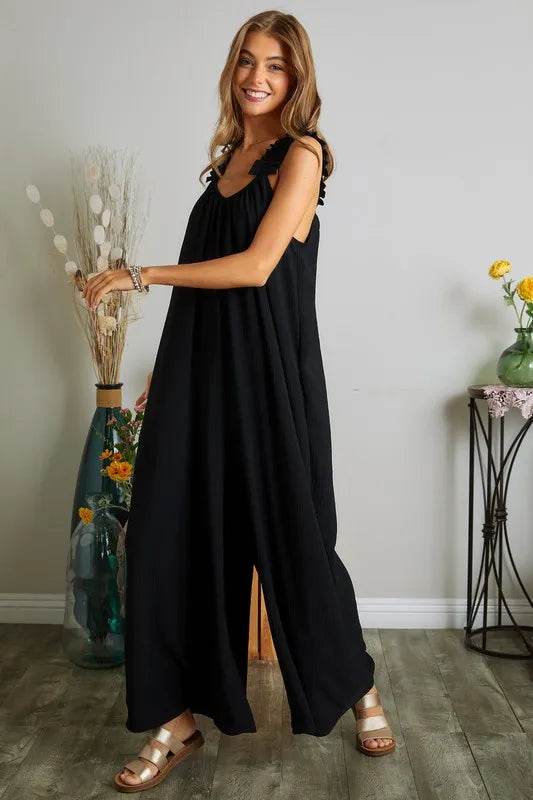 ADORA Full Size Elastic Ruffle Shoulder Jumpsuit Plus Size - Shop Style & More | Fresh Looks, Everyday Deals & Free Shipping