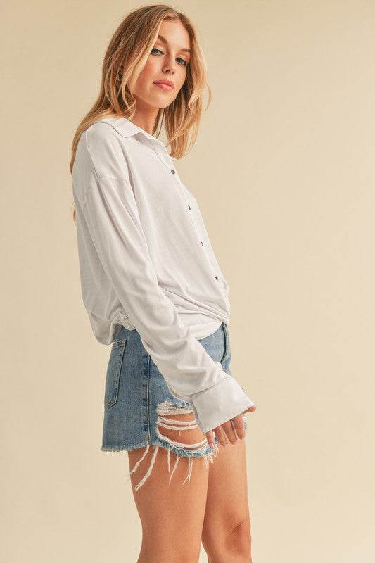 Aemi + Co Twisted Hemline Button Detail Collared Neck Top - Shop Style & More | Fresh Looks, Everyday Deals & Free Shipping