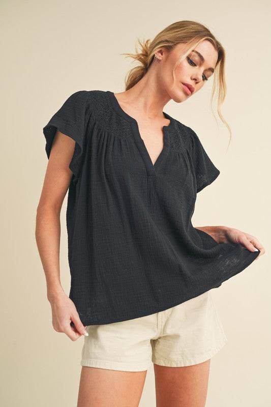 Aemi + Co Embroidered Trim Side Slit Notched Short Sleeve Blouse - Shop Style & More | Fresh Looks, Everyday Deals & Free Shipping