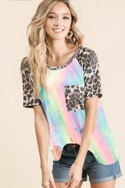 BiBi Tie Dye Knit Top with Leopard Raglan Sleeves - Shop Style & More | Fresh Looks, Everyday Deals & Free Shipping