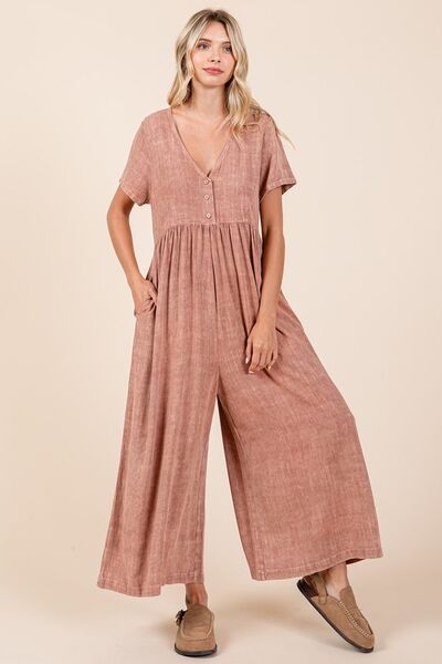 Mittoshop Mineral Wash Jumpsuit - Short Sleeve Flowy Wide Leg Design Ginger Jumpsuits