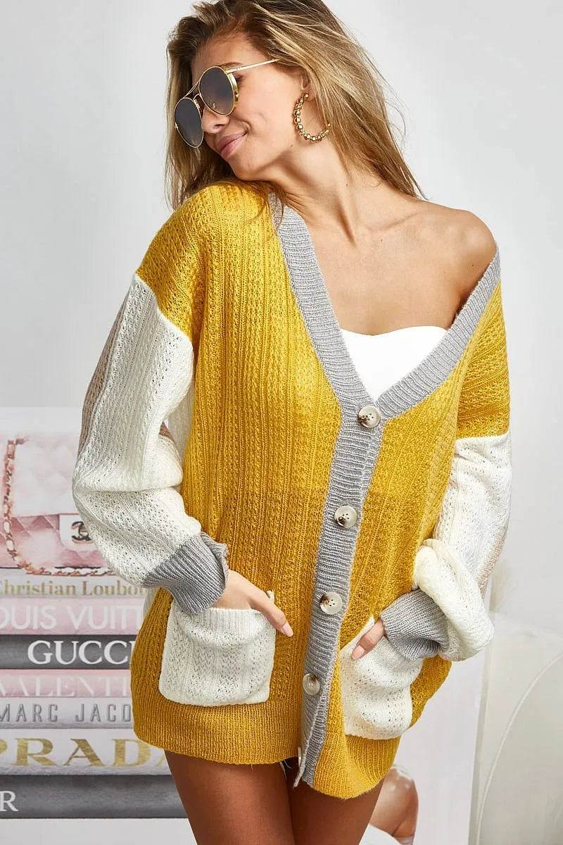 BiBi Color Block Sweater Cardigan with Button Closure - Shop Style & More | Fresh Looks, Everyday Deals & Free Shipping