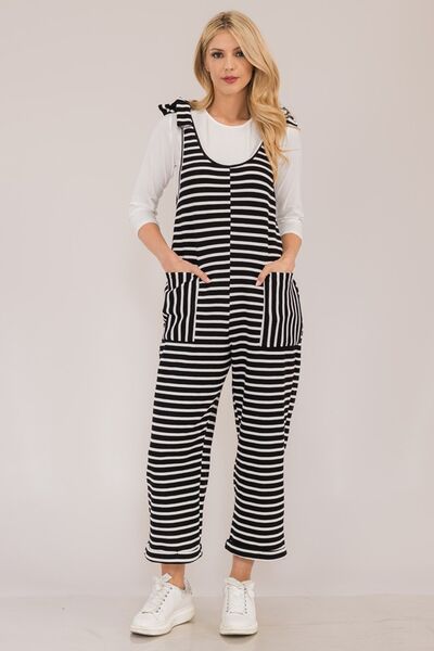 Celeste Full Size Striped Scoop Neck Overalls with Pockets Jumpsuits
