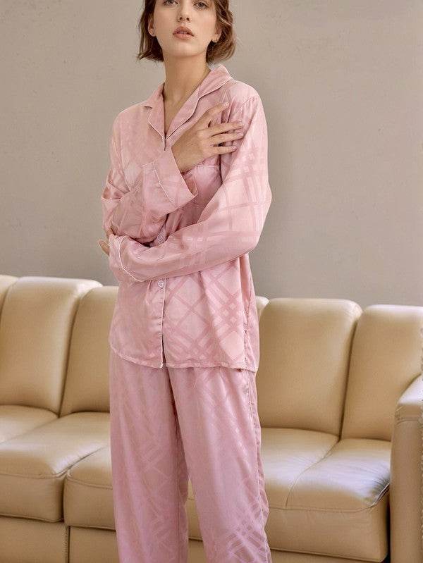 Pink Squared Button Front Long Sleeves Pajama Set - Shop Style & More | Fresh Looks, Everyday Deals & Free Shipping