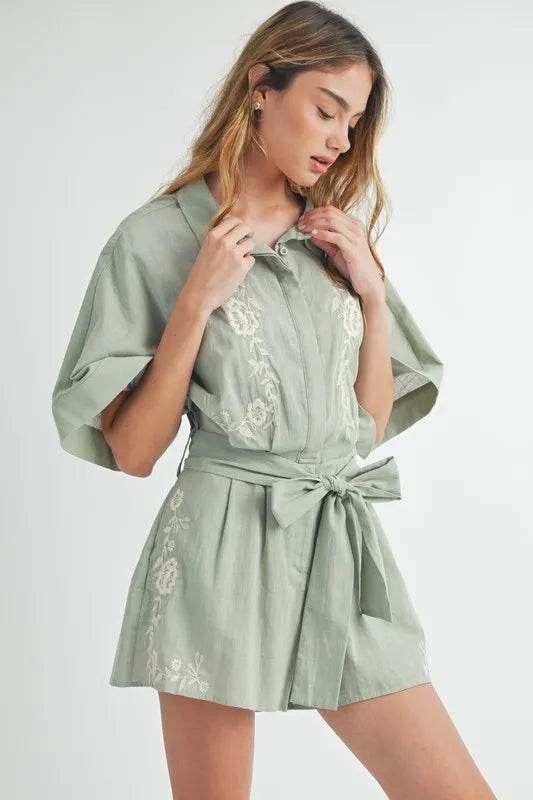 MABLE Embroidered Button Down Collared Neck Romper - Shop Style & More | Fresh Looks, Everyday Deals & Free Shipping