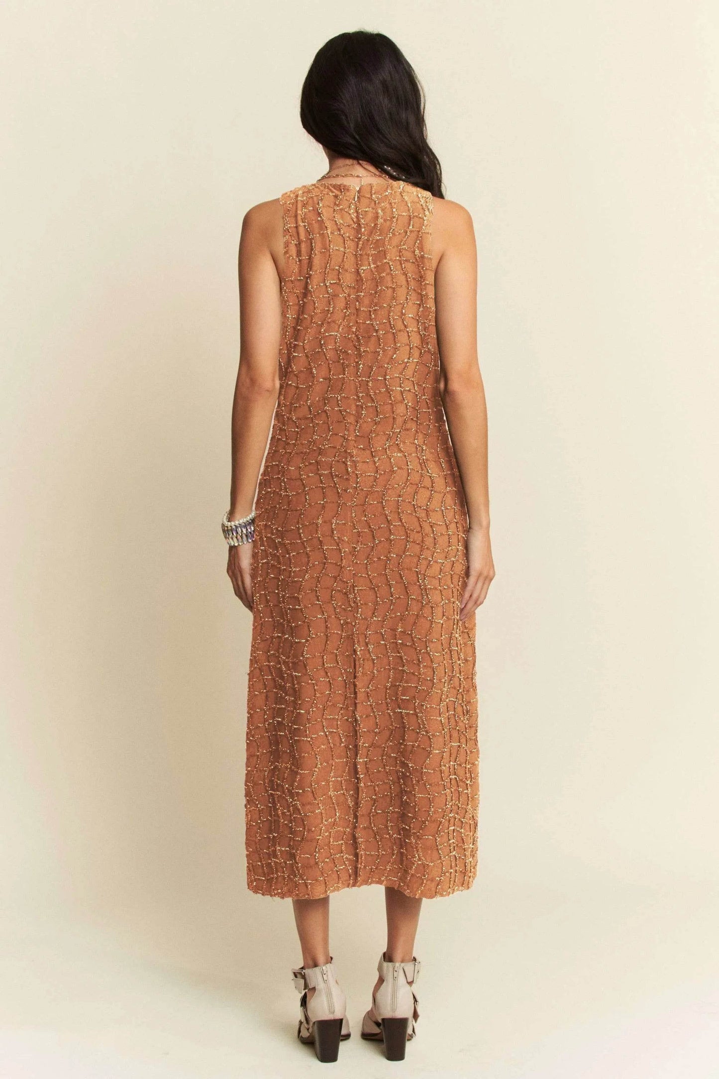 Davi & Dani Golden Textured Zippered Midi Dress - Shop Style & More | Fresh Looks, Everyday Deals & Free Shipping