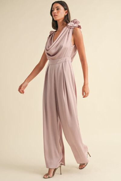 MABLE 3D Floral Applique Deep Cowl Neck Jumpsuit Jumpsuits
