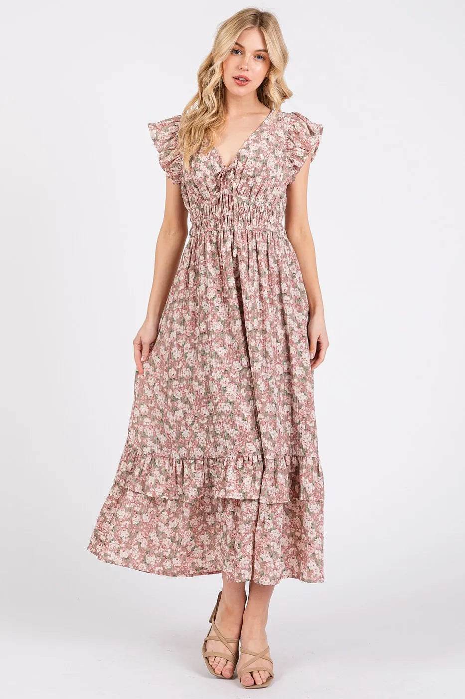 Mittoshop Flower Print Ruffle Cap Sleeve V-neck Midi Dress - Shop Style & More | Fresh Looks, Everyday Deals & Free Shipping