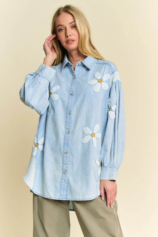 Davi & Dani Lightweight Washed Daisy Patch Waffle Knit Shirt - Shop Style & More | Fresh Looks, Everyday Deals & Free Shipping